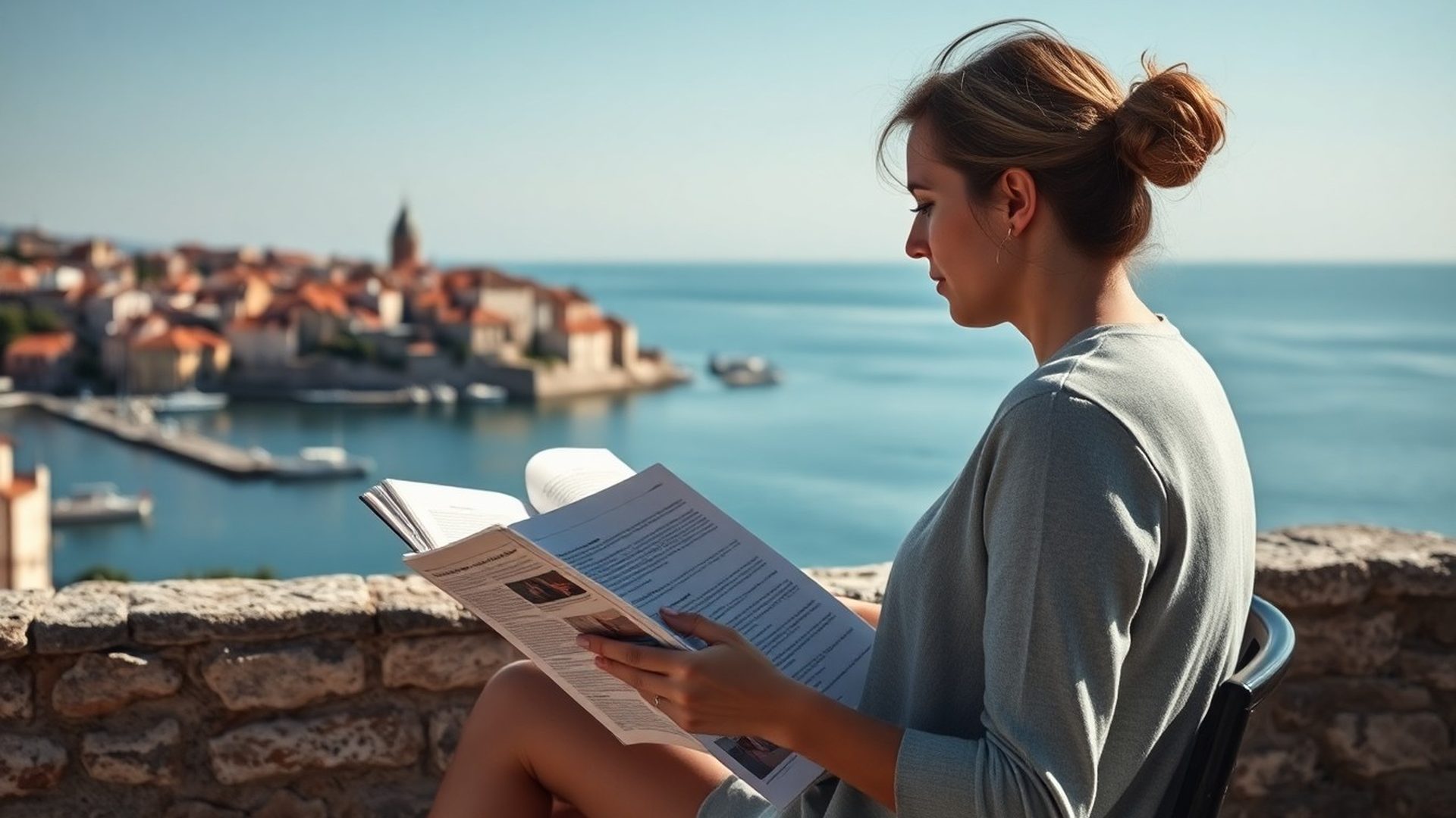 Osoba čita tiskani časopis na kamenoj terasi s pogledom na Jadran u Zadru